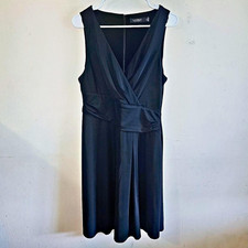 Lauren Ralph Lauren Dress Womens 12 Black Solid Faux Wrap Ruched Sleeveless Midi
