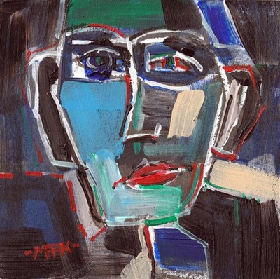 Original Abstraktes Portrait Gesichtsmalerei Acryl auf 5''q Holzplatte - Signiert.