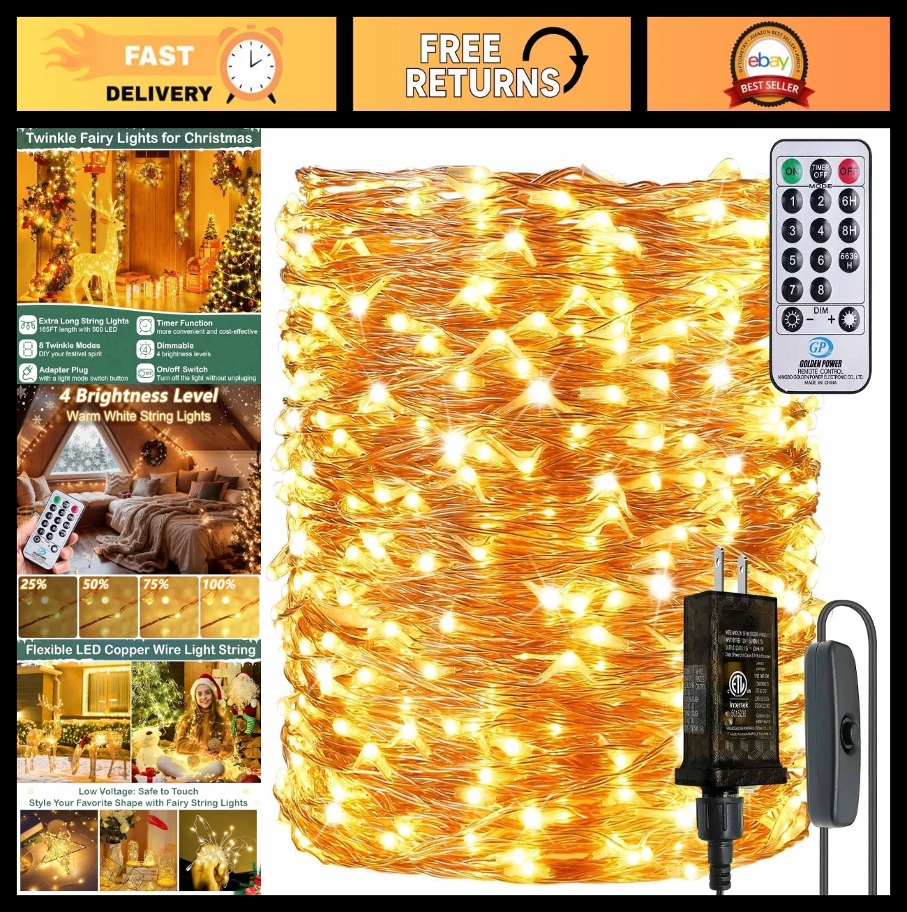 165Ft 500 LEDs String Lights - Waterproof, Dimmable, 8 Modes, Remote Control, Wa