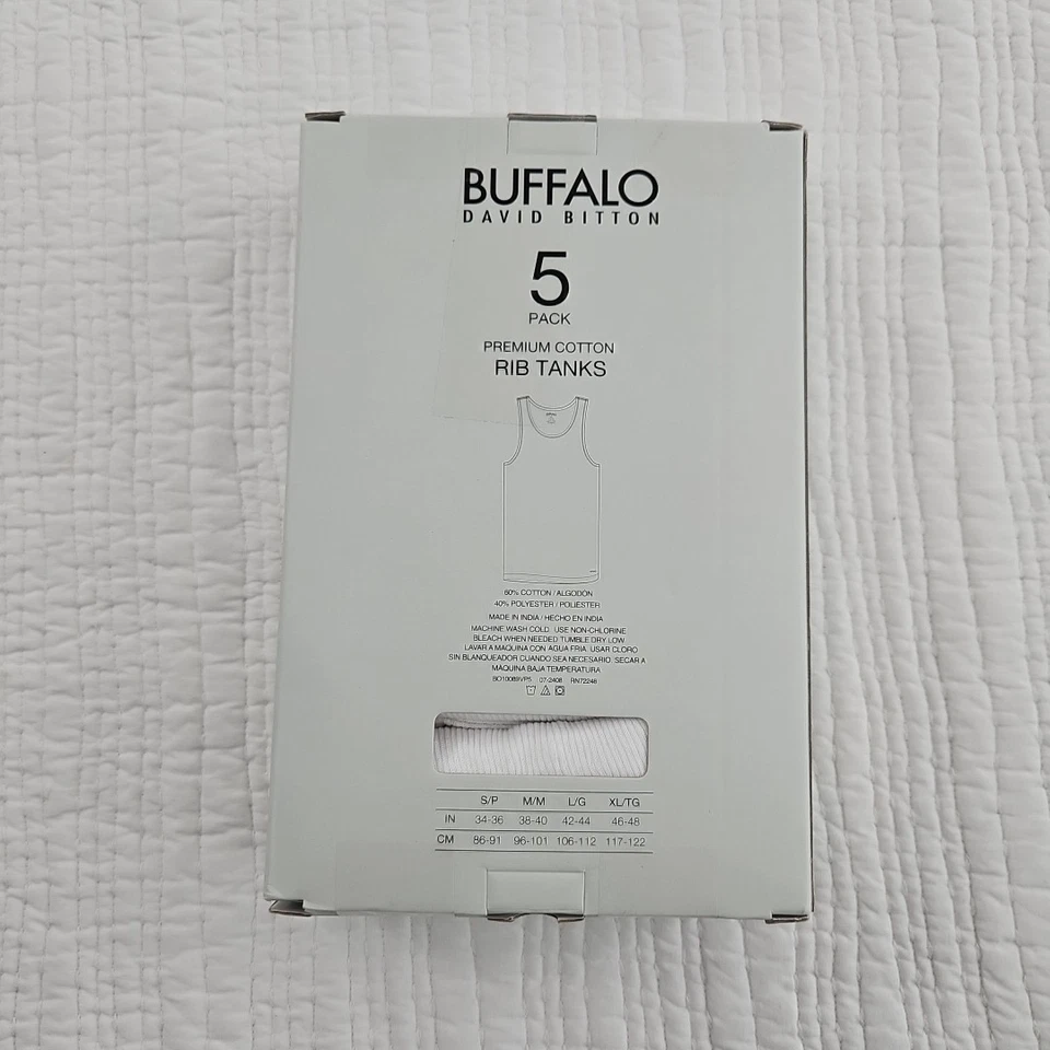 Paquete de 5 tanques acanalados Buffalo David Bitton grandes para hombre NUEVO EN CAJA blanco algodón premium Foto 2 de 4