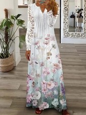 Plus Size Ladies Lace Long Sleeves Maxi Dress Autumn Floral V Neck Party Dresses