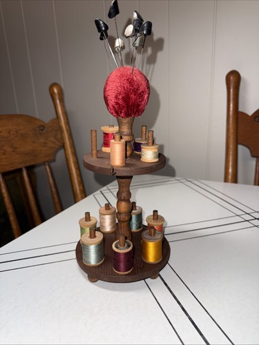 Vintage Wood Spool Thread Holder 12 Pegs Red Pin Cushion w/Wood Spools Hat pins