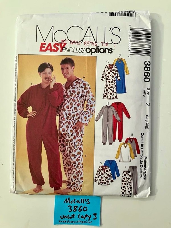McCall’s 3860, Adult Jumpsuit, Nightshirt, Top, Pants, L-XL, Uncut