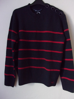 Neu Crew Clothing dunkelblau Rubin Knopf Schulter Streifen Pullover Gr UK 10 UVP 69 £