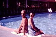 April 1960 Couple By Pool Man Woman Swimsuit  Ektachrome Slide Ref D45