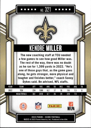 Kendre Miller 2023 Score Football - #321 RC - New Orleans Saints / TCU - Picture 2 of 2