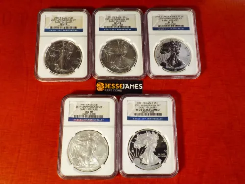 2011 P REVERSE PROOF SILVER EAGLE NGC PF70 MS70 25TH ANNIVERSARY SET 5 COIN SET