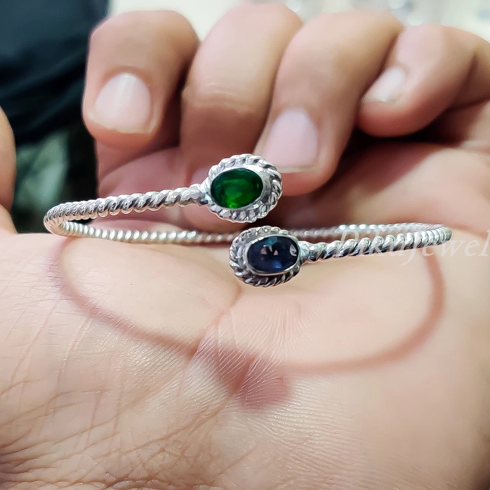 Brazalete brazalete de plata de ley 925 con piedras preciosas de corte ovalado de diopsido y amatista/p-402 Foto 2 de 4