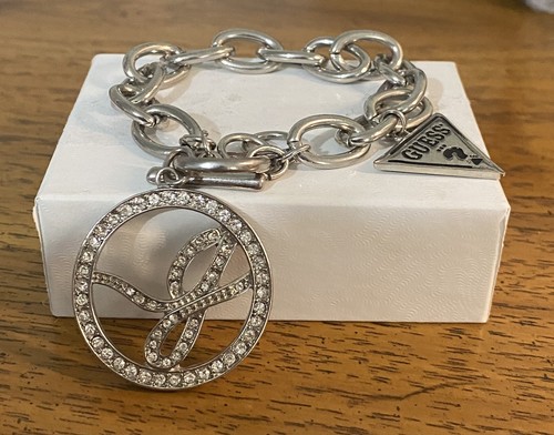 Guess Silver Tone Rhinestone G Logo Triangle Question Mark Charm Bracelet 6.75” - Picture 4 of 5