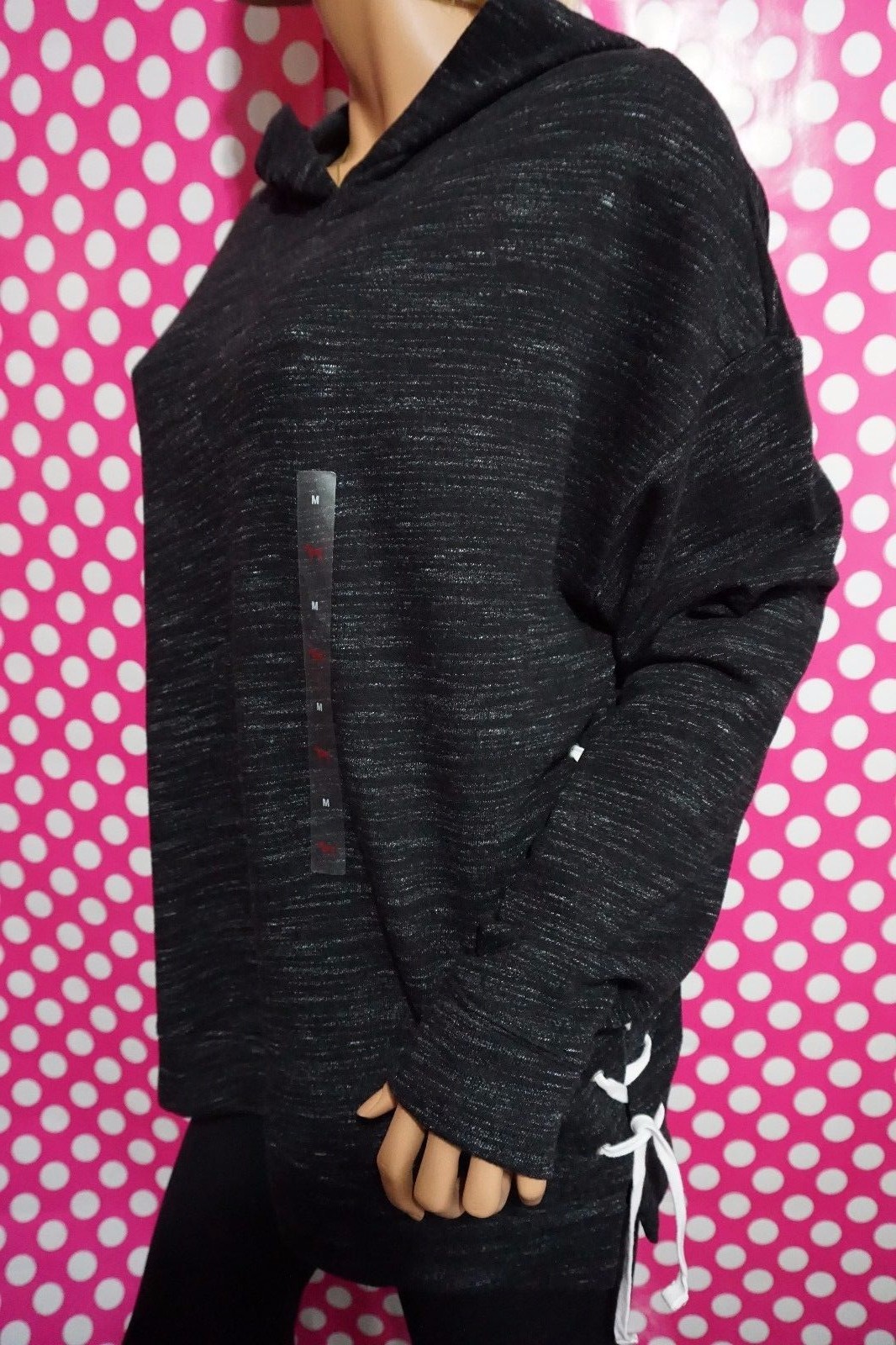 .VICTORIA'S SECRET PINK NO ZIP HOODIE SWEATSHIRT BLACK MARL SIDE SLIT M RARE image 4