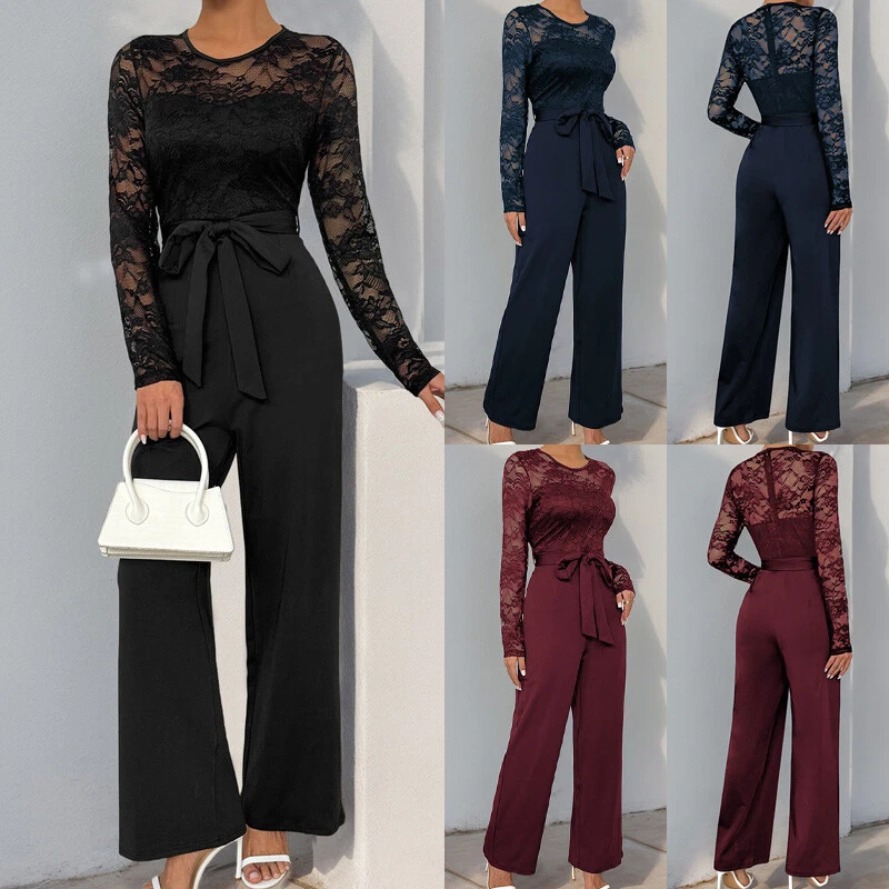 Ladies Lace Belt Jumpsuit Zipper Long Sleeve Work Long Playsuit Romper Pants UK - Picture 1 of 15