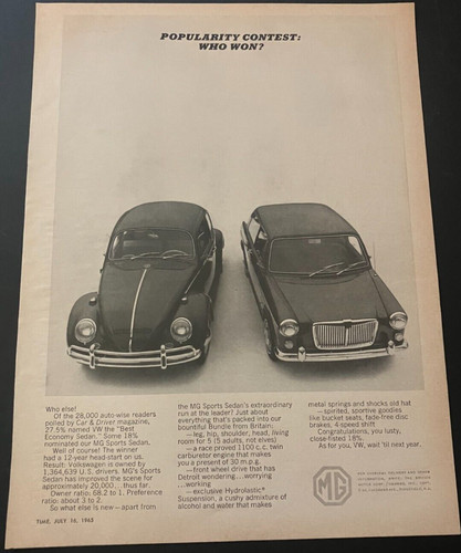 1965 MG Sports Sedan 2-Door vs VW Beetle - Vintage Original Print Ad / Wall Art