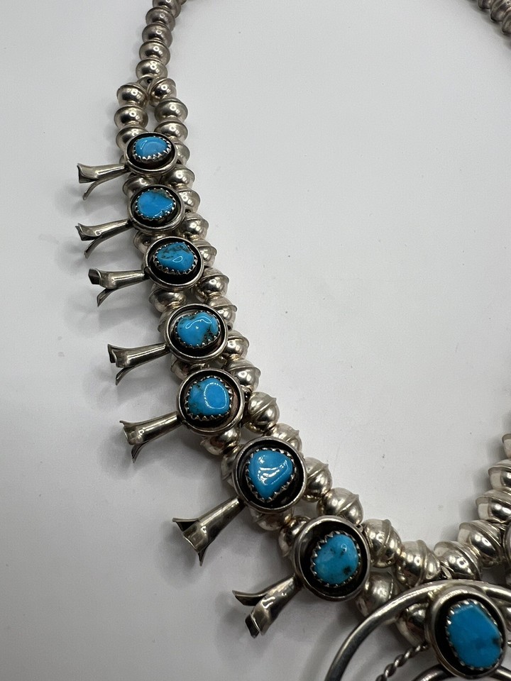 Navajo Phil Garcia Small Sterling Turquoise Squash Blossom Necklace Set