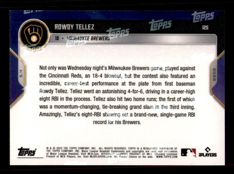 2022 Topps Now Blue Parallel #125 Rowdy Tellez Brewers 21/49 - Image 2 of 2