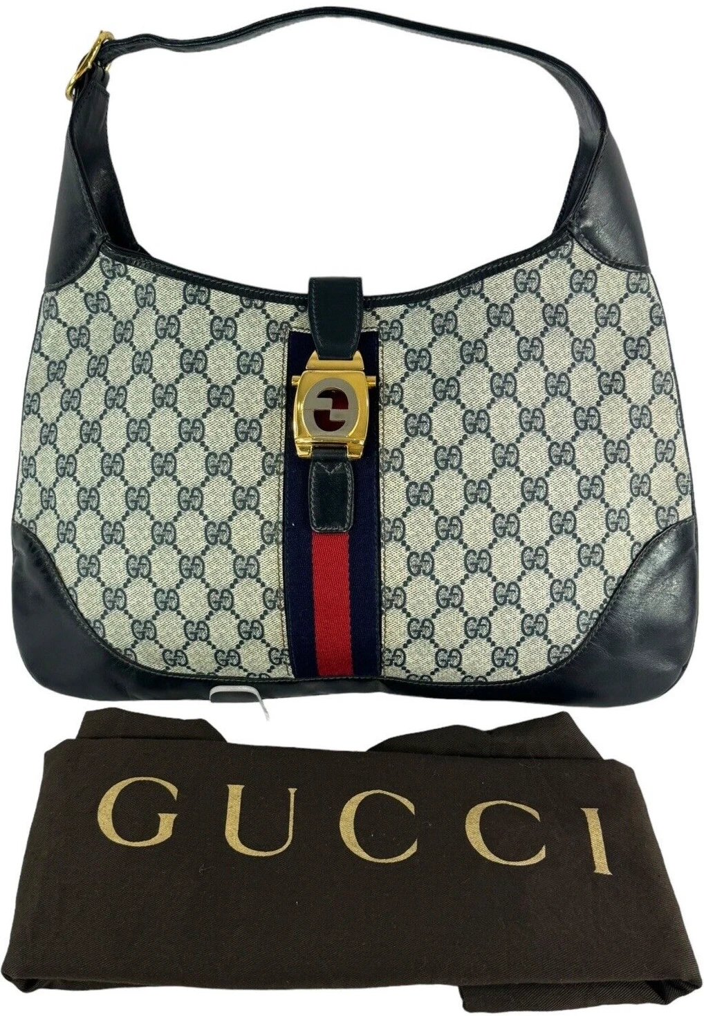 RARO ANNI '70! Borsa a tracolla Gucci monogramma web Jackie in tela blu navy autenticata