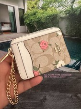 NWT Coach Zip Card Case In Signature Canvas With Floral Print CR971 Light Khaki