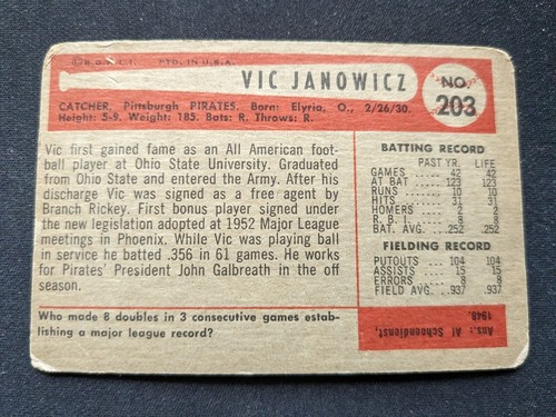 1954 Bowman Baseball Card # 203 Vic Janowicz - Pittsburgh Pirates (VG) - Picture 2 of 3