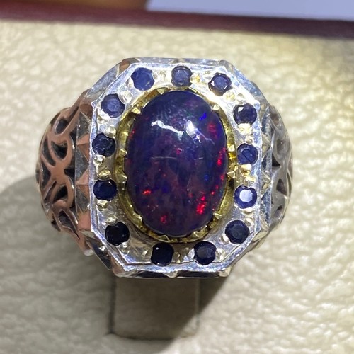 Natural Black Fire Opal Men’s Ring 925 Silver Handmade Sapphire Accent Jewelry - Picture 4 of 10