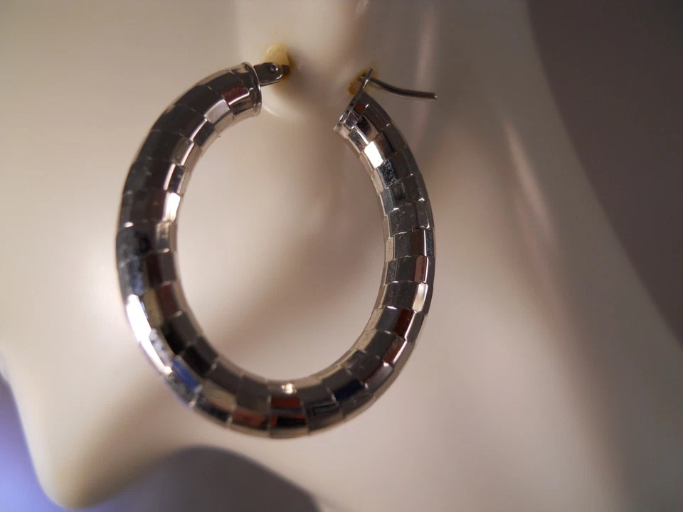 PENDIENTES ARO MILOR ITALY ORO BLANCO 14K CORTE DIAMANTE DISEÑO TABLERO 29MM Foto 4 de 4