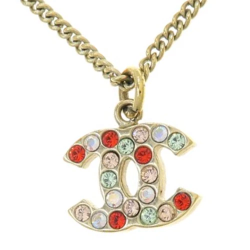 Collana CHANEL CC Logo Multicolore Strass 16" Tono Oro 04A Autentica #7032