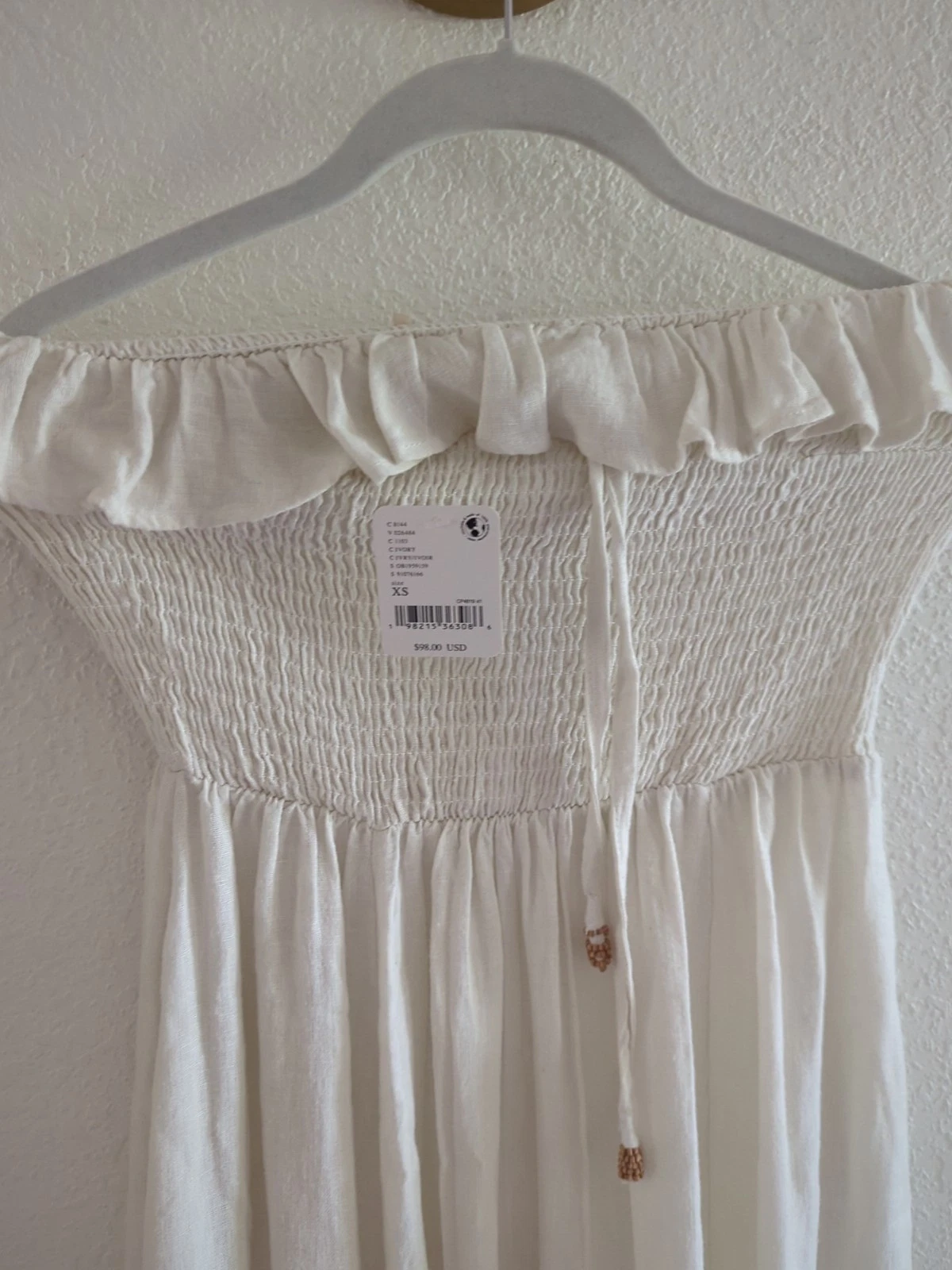 OFF WHITE NUOVO Free People Lush Life abito midi in lino senza spalline bianco sporco Cottagecore XS