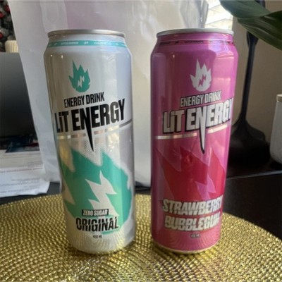 Lit Energy Drink Cans Original Zero Sugar & Strawberry Bubblegum White Pink
