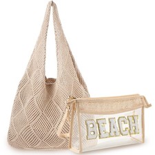 2 Pack Crochet Mesh Beach Tote Bag with Letter Patch Pocket Summer Beach Tote...