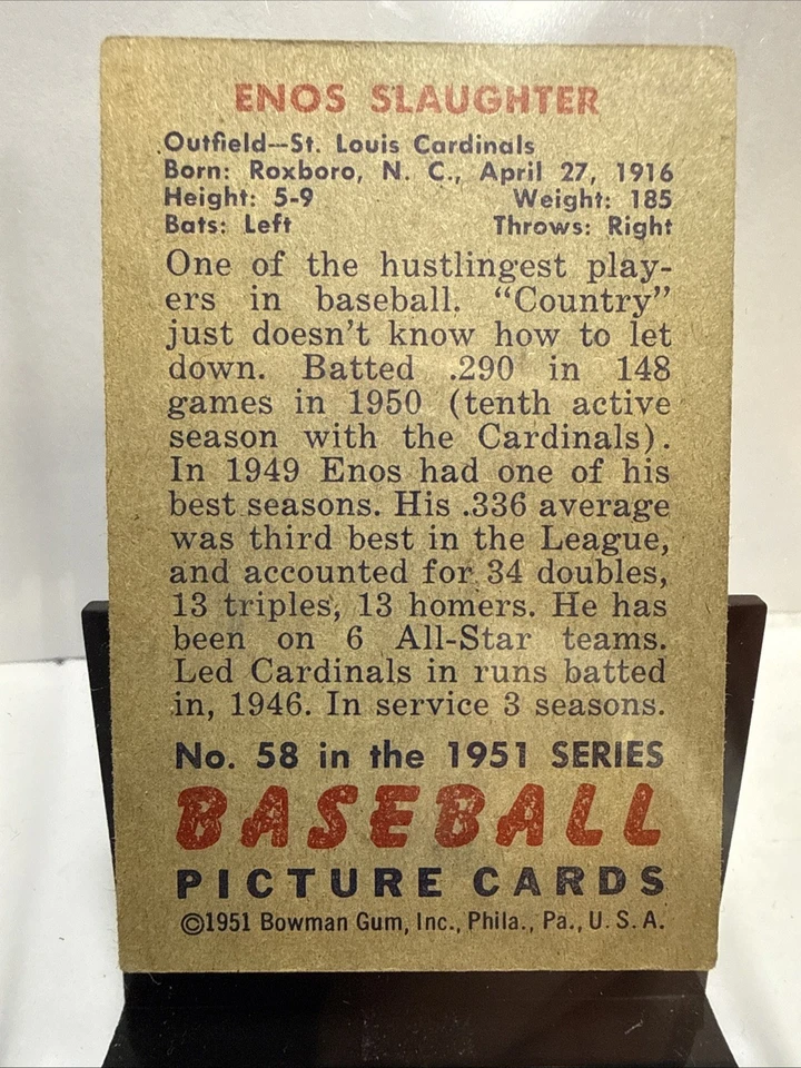 Tarjeta de béisbol Bowman 1951 Enos Slaughter Cardinals # 58 sin pliegues Foto 2 de 2