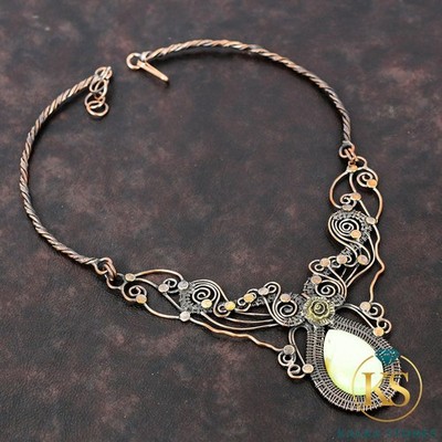 Copper Natural Lemon Chrysoprase Wife Wire Wrapped Flower Chain Necklace Jewelry