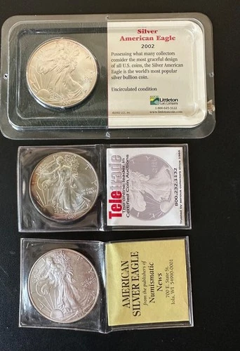 Lot of 3 - (1) 1996 & (2) 2002 Silver American Eagles 1 oz. Fine .999 US oz