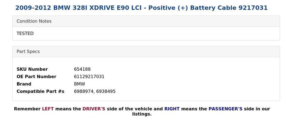 BMW 328I XDRIVE E90 LCI 2009-2012 - Cable de batería positivo (+) 9217031 Foto 4 de 4
