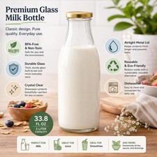 Pack of Two Retro Old School 1 Litre Glass Milk Bottles With Gold Screw Top