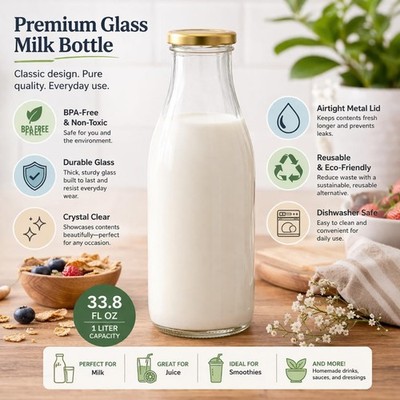 2 Stück Retro Old School 1 Liter Glas Milchflaschen mit goldenem Schraubverschluss