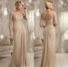 Vintage Champagne Mother of Bride Dresses 3/4 Sleeve Sheer Neck Appliques Beads