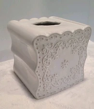 White CREATIVE BATH Floral Lace Ceramic Tissue Box Cover- 6.25" Square