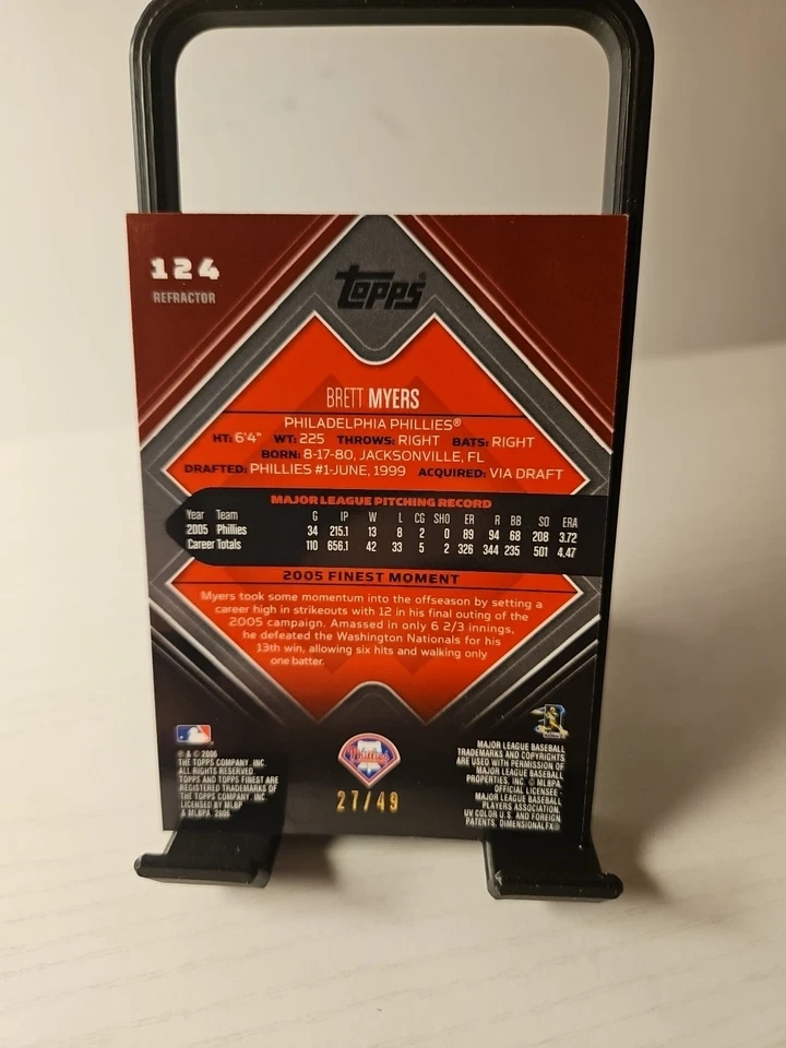 2006 Topps Finest Brett Myers Gold Refractor # 27/49 Philadelphia Phillies - Image 2 of 2