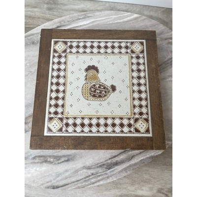 Ceramiche Piemme Italy 80s Cocca Marrone Brown Hen Tile Wood Trivet Vintage 7.5''