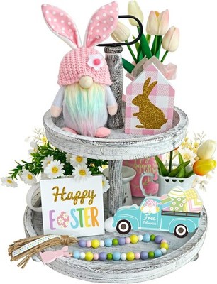 Easter Decorations, 5Pcs Easter Gnome Tiered Tray Decor, 3 Glitter Easter Wood S