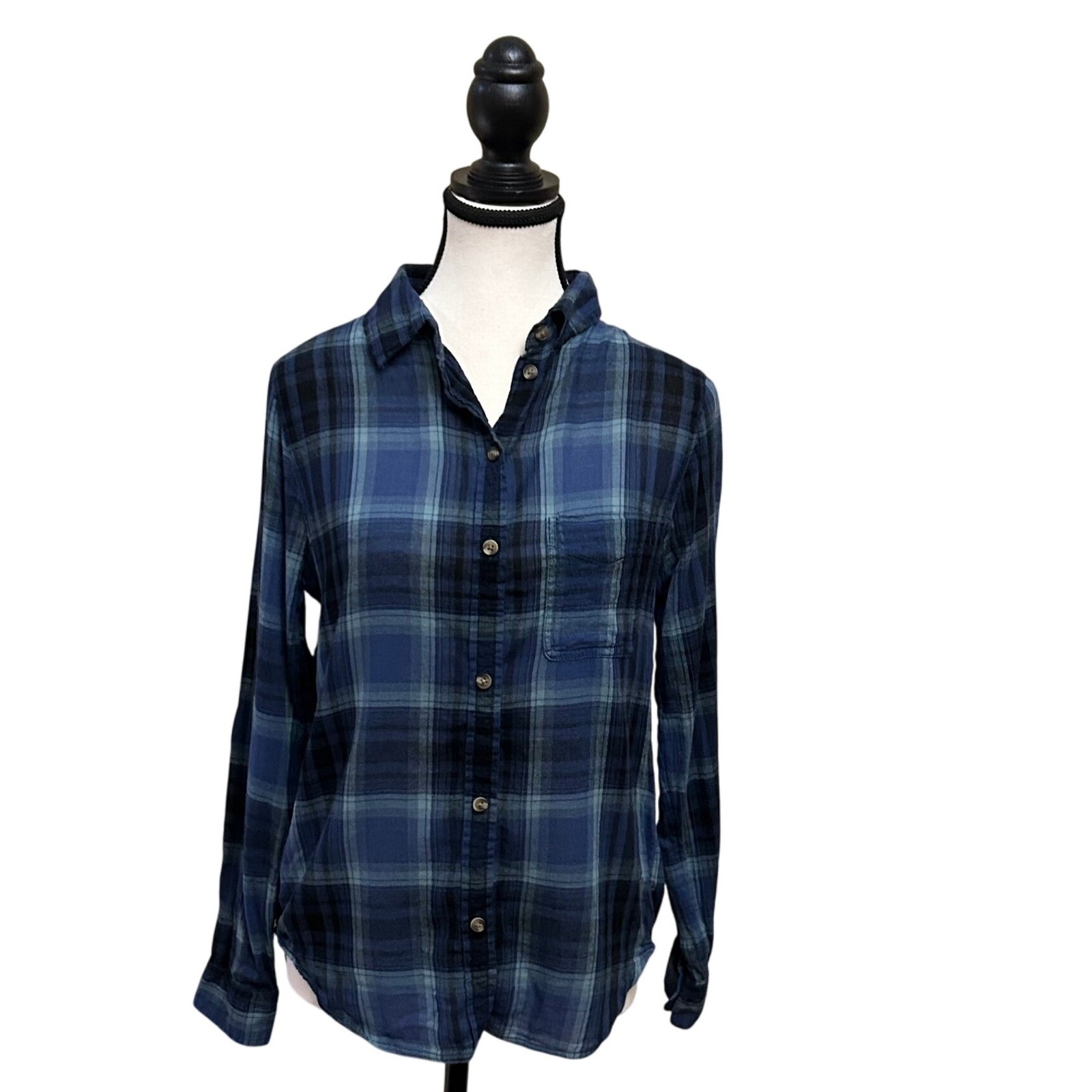 American Eagle Outfitters Plaid Boyfriend Fit Flannel Shirt Women XS Blue Black