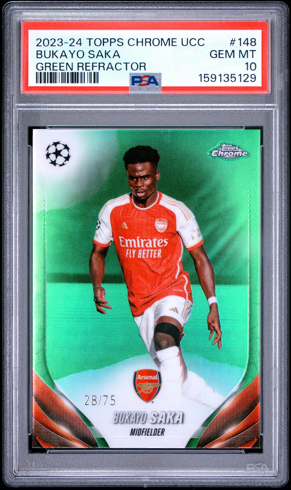 2023-24 TOPPS CHROME UCC GREEN REFRACTOR #148 BUKAYO SAKA 28/75 PSA 10
