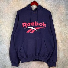 Vintage 90s Reebok Logo Hoodie Sweatshirt Mens Sz L USA Made Navy Blue Pullover