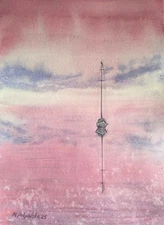 Original Painting Landscape SEA RELAX PINK BOAT Modern Artwork Seascape Gift A4