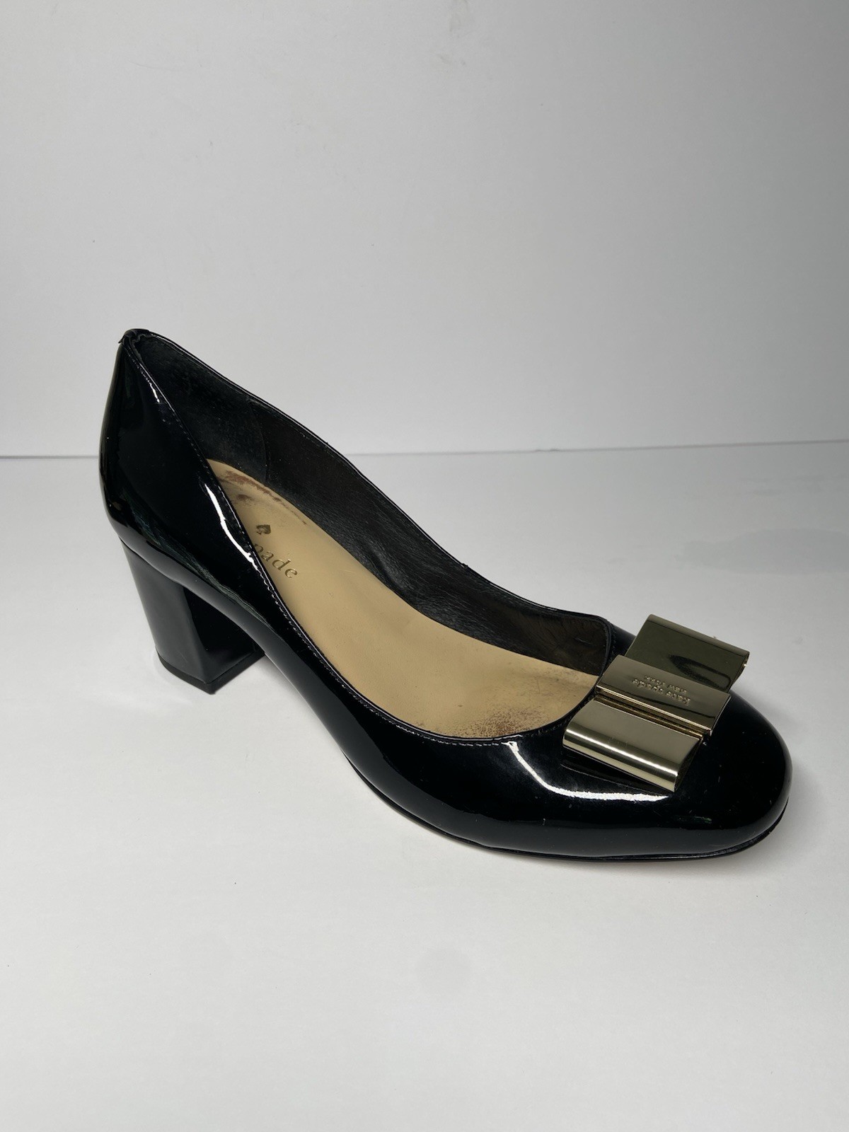 Kate Spade Black Patent Pump with Gold Bow Comfortable Heel