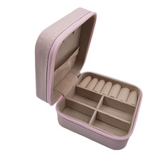 Jewelry Box Organizer Mini Travel Light Pink Square Faux Leather Zipper Close