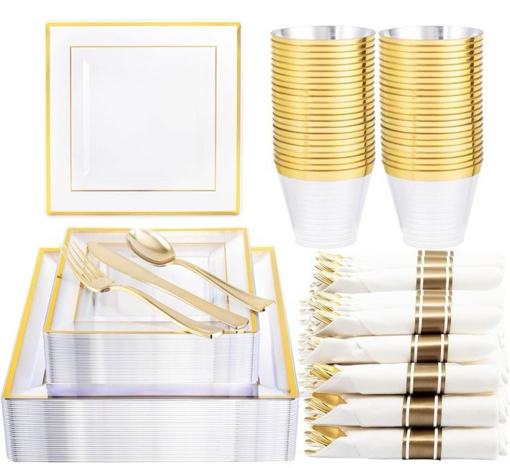 175 Piece Gold Dinnerware Set for 25 Guests - Gold Plastic Plates Disposable NEW
