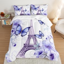 Beautiful Butterfly Comforter Set Queen Size,Romantic Eiffel Tower Printed Co...