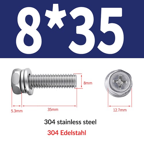 SEM HEX TAP BOLTS PHILLIPS HEAD SCREW + FLAT/SPRING WASHER A2 STAINLESS M3 - M10 - Picture 47 of 55