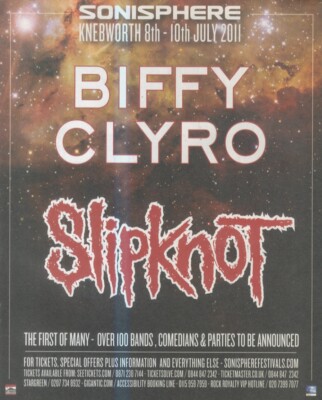 NMEM6 ADVERT/PICTURE 11X9 BIFFY CLYRO - SKIPKNOT - KNEBWORTH 8-10TH JULY 2011