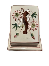 Vintage Glazed Pottery Lidded Cheese Server Cream Floral Pattern Large Keeper