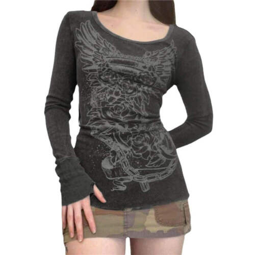 The Graphic T Shirt Vintage Fairy Grunge Floral Wings Print Long Sleeve Tops y2k